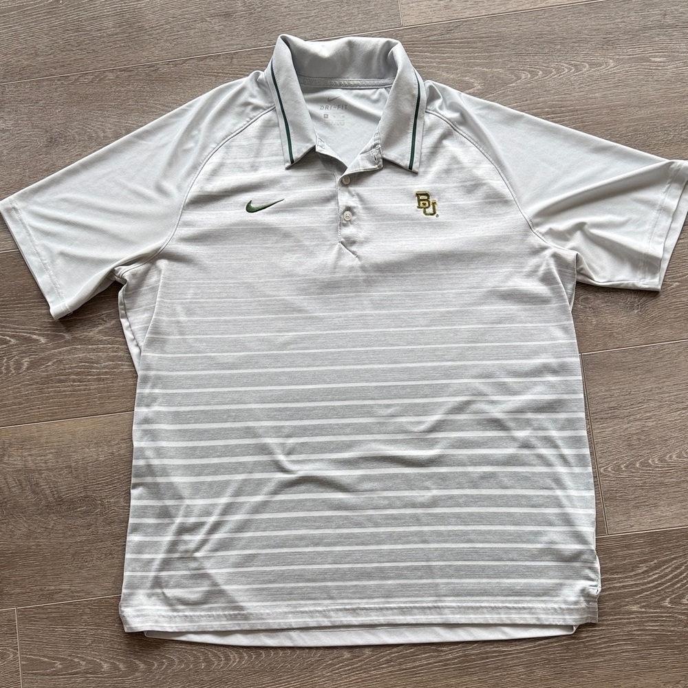 Nike Men's Gray Baylor Polo Shirt with Green Accents